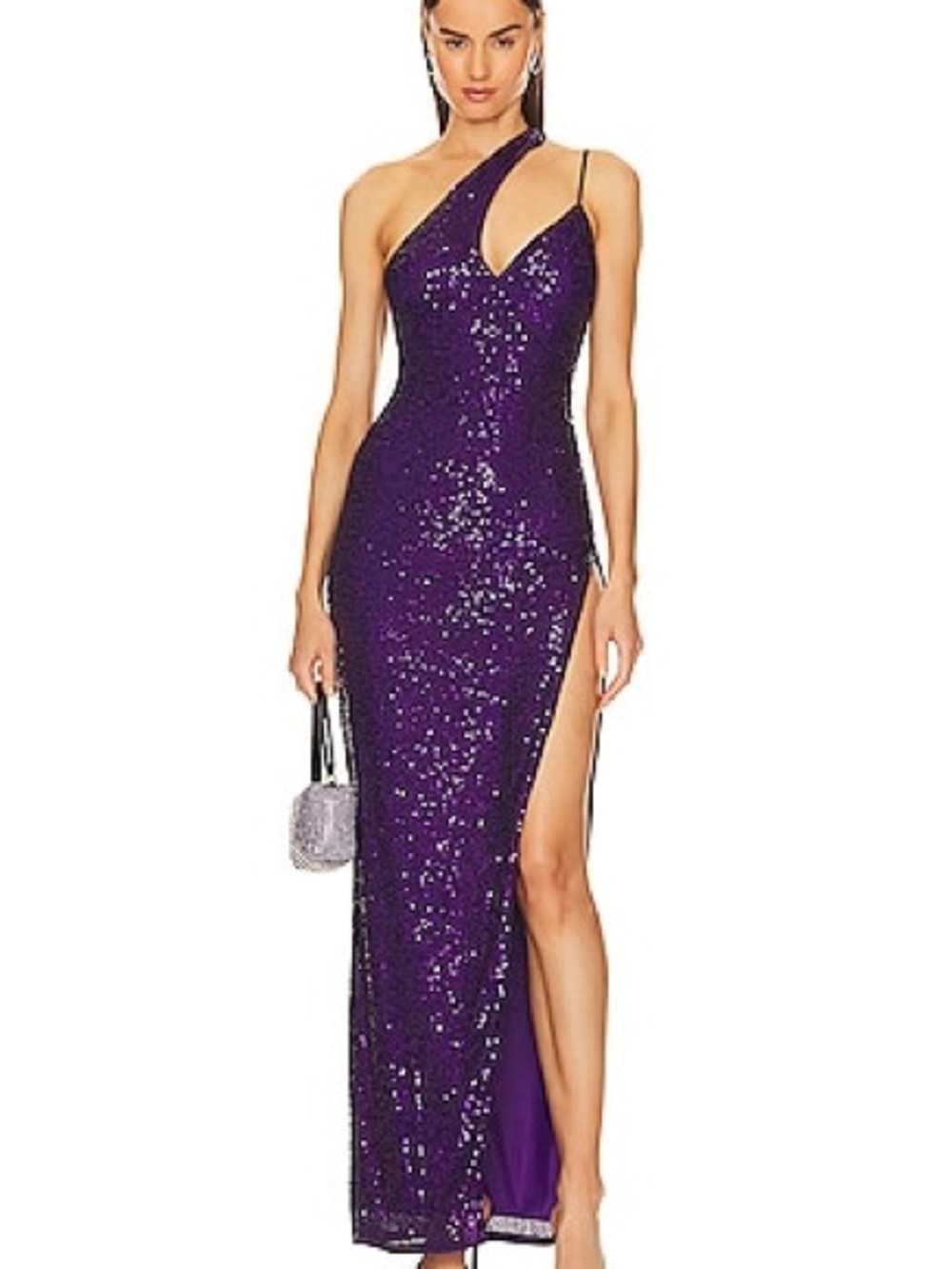 Michael Costello x Revolve Ara Purple Sequin One Shoulder Slit Gown Sz XS VGUC